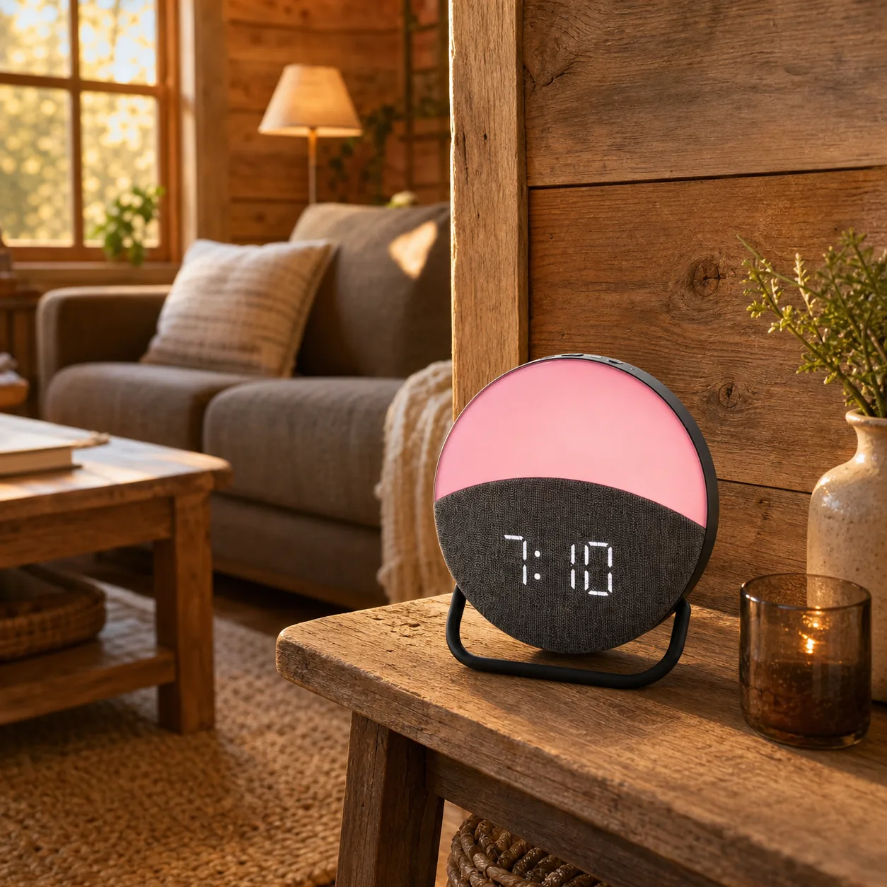 Modern Digital Alarm Clock in a Warm Wood Cabin Living Room Modern Digital Alarm Clock in a Warm Wood Cabin Living Room