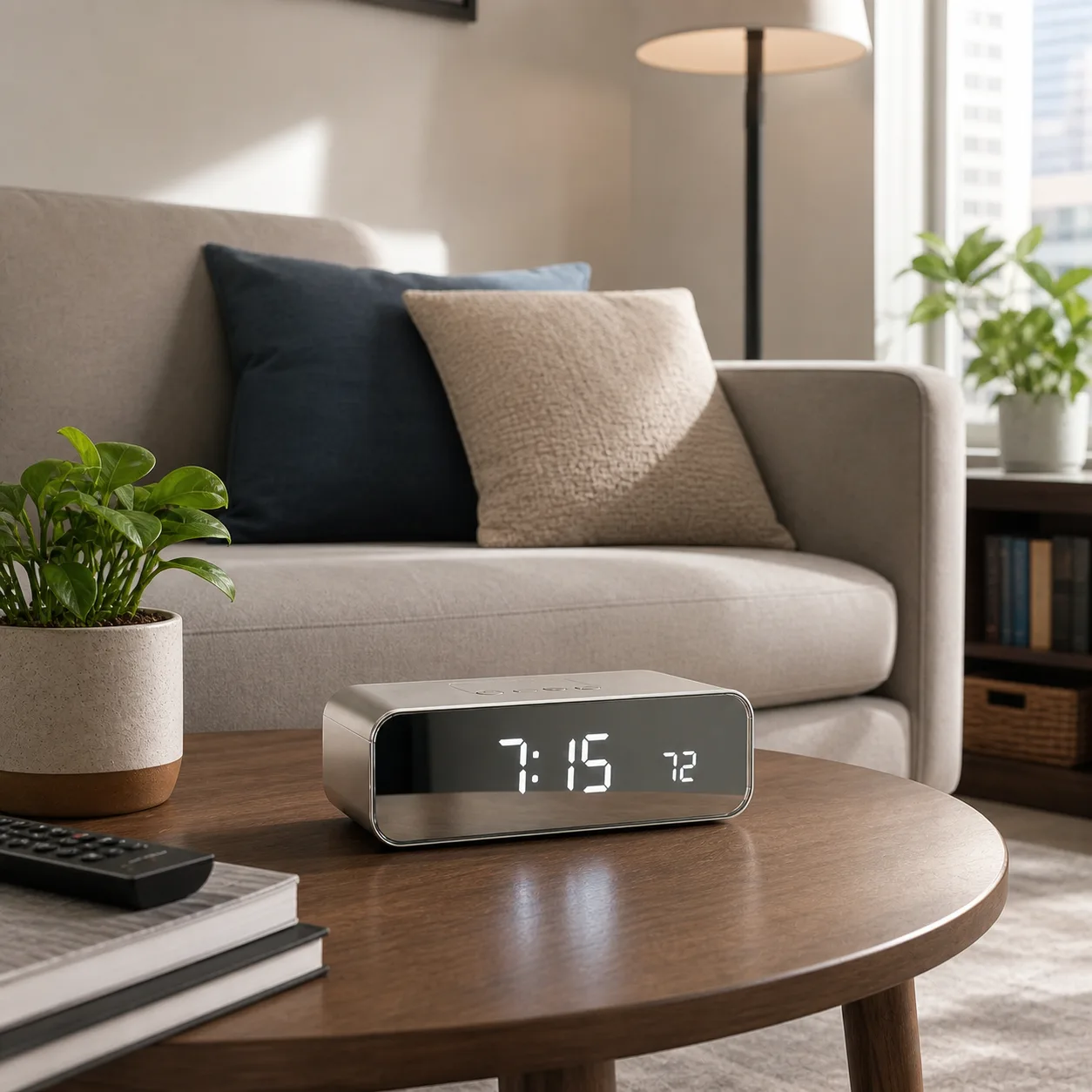 Modern Digital Alarm Clock on Apartment Coffee Table Modern digital alarm clock with LED time and temperature display on a city apartment coffee table near a sofa.