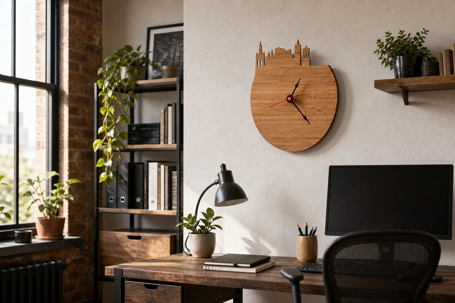 Modern City Skyline Wood Wall Clock in Loft Home Office Modern city skyline wood wall clock mounted above a desk in a loft-style home office with shelves and afternoon daylight.