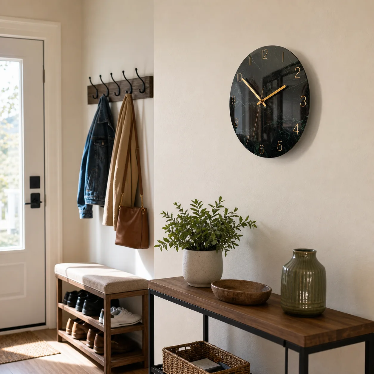 Decorative Glass Wall Clock in a Rental Entryway Modern black marble-look glass wall clock with gold numerals mounted above an entryway console table