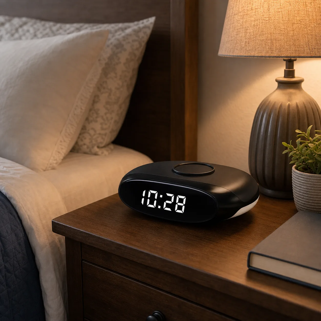 Modern Digital Alarm Clock on Bedroom Nightstand Modern black digital alarm clock with wireless charging pad on a bedroom nightstand beside a lamp
