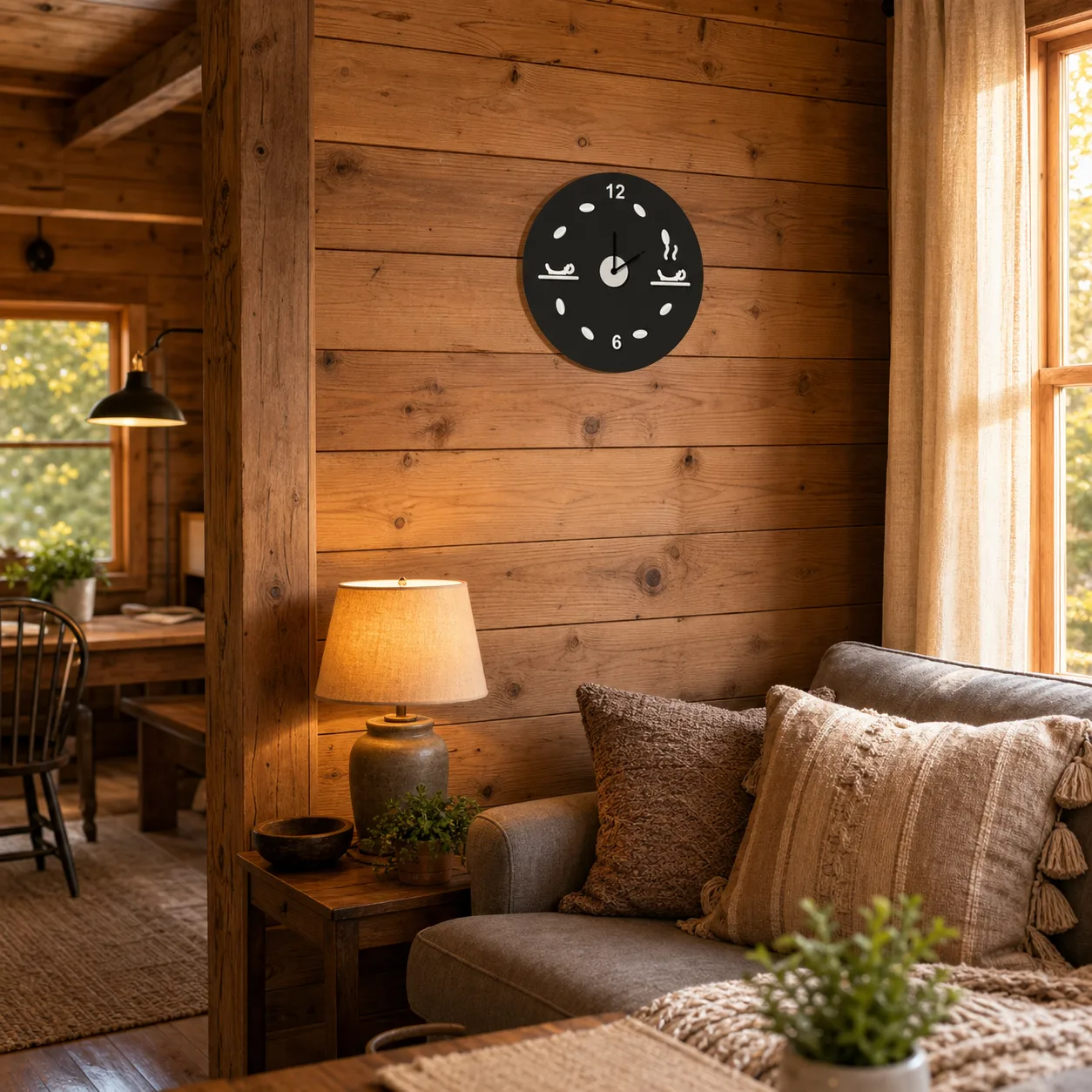 Coffee Theme Wall Clock in Warm Cabin Living Room Modern black coffee theme wall clock mounted on a wood plank cabin living room wall above a sofa and lamp.