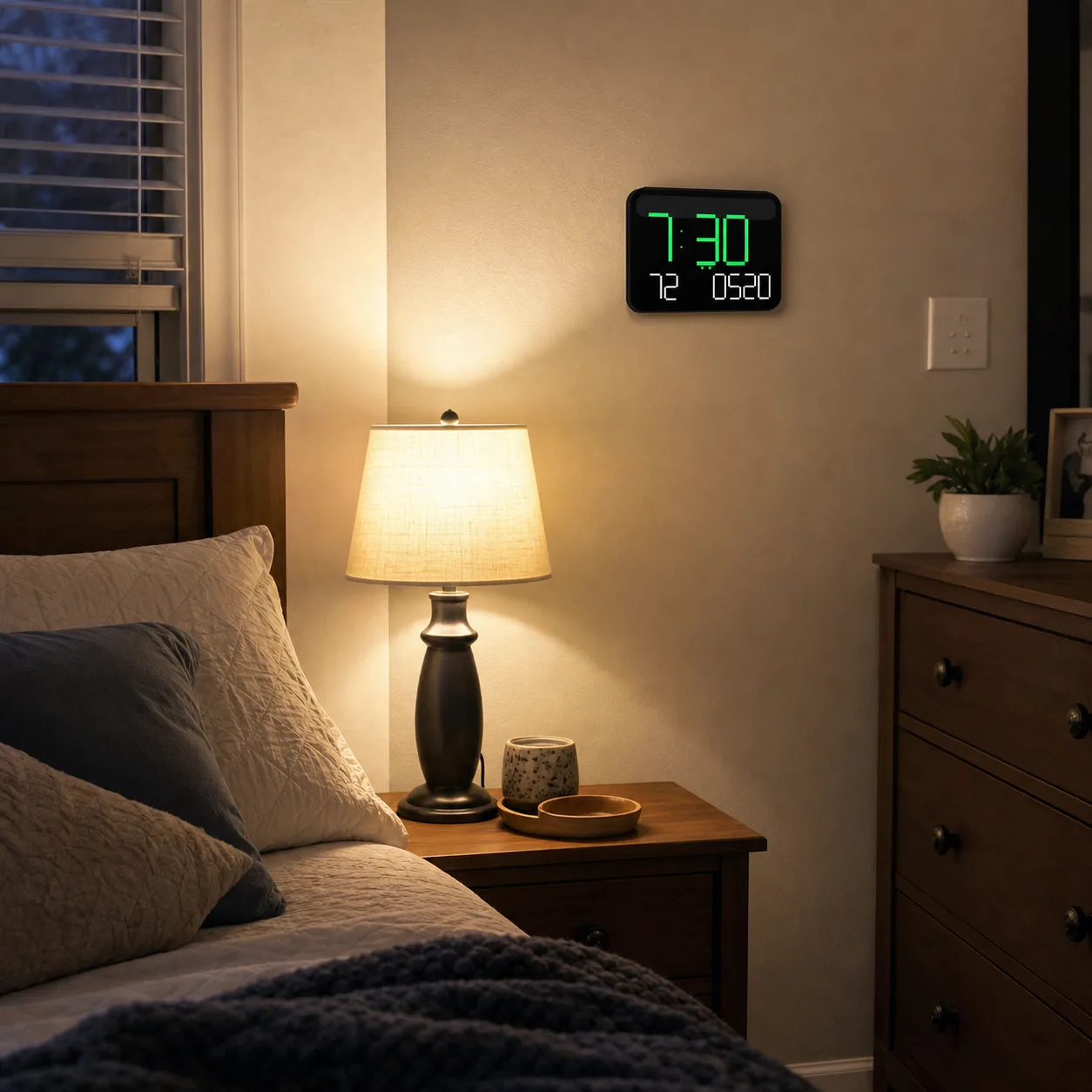 Digital LED Clock on Bedroom Wall Modern black digital LED clock mounted above a nightstand in a cozy bedroom with evening lamp light.