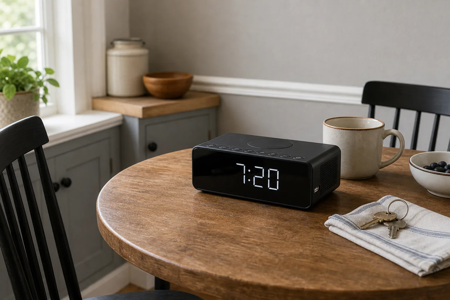 Modern Digital Alarm Clock in Dining Nook Black modern digital alarm clock on a round dining nook table near chairs and window trim.
