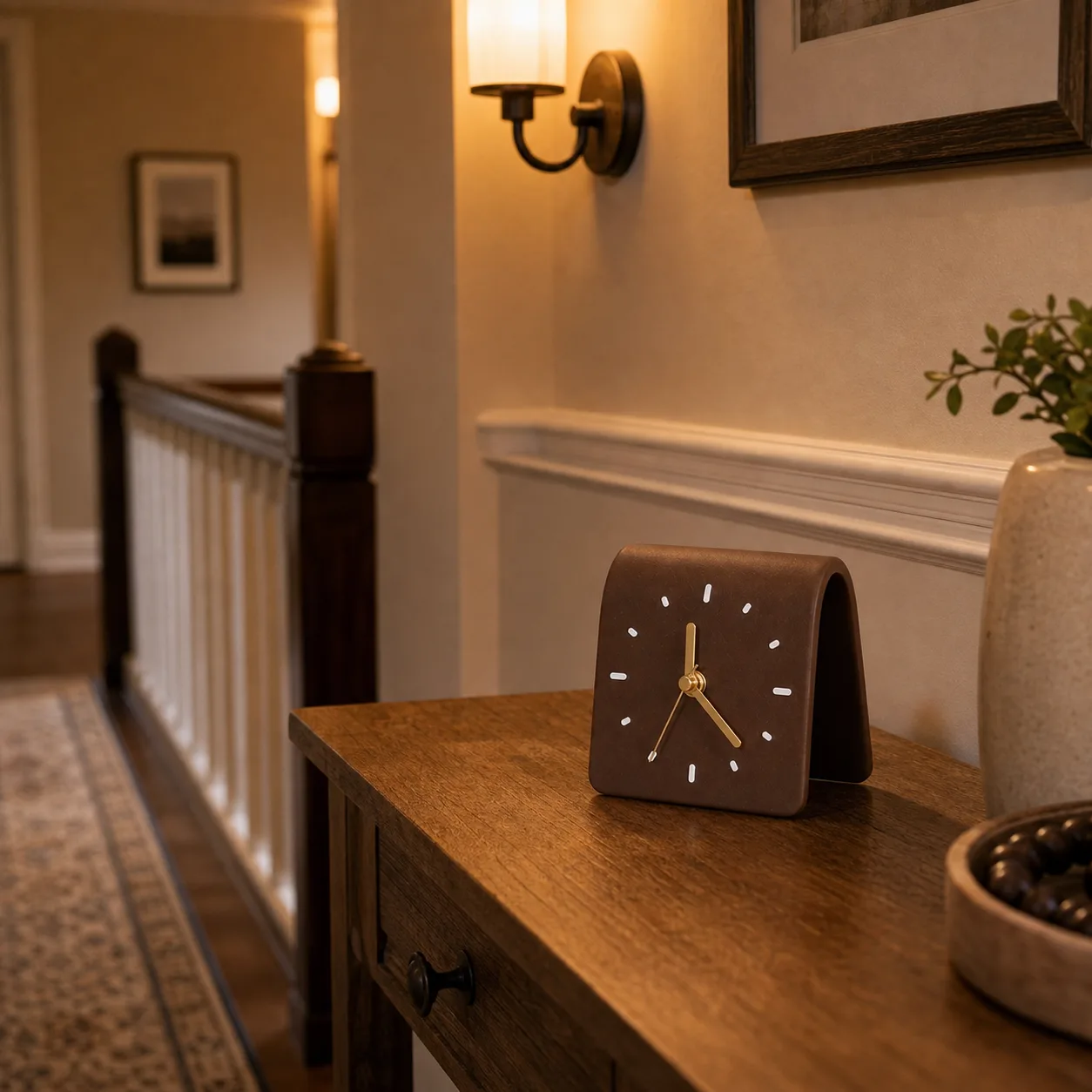 Brown Ceramic Table Clock on Stair Landing Console Brown curved ceramic table clock on a wood console at a warmly lit stair landing