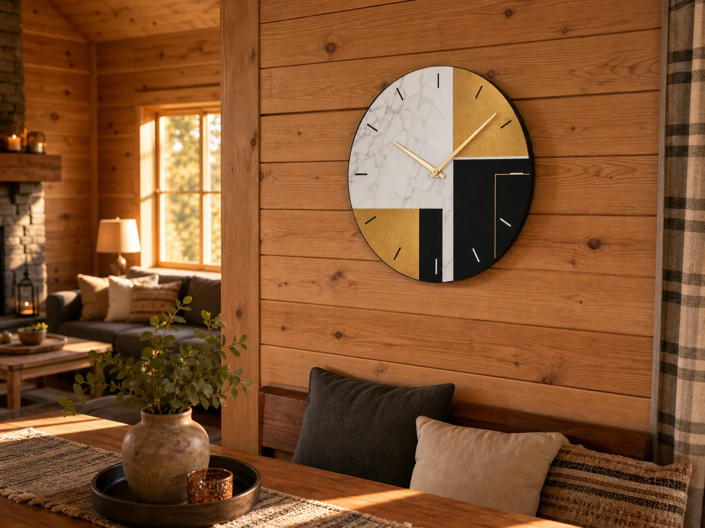 Modern Geometric Wall Clock in Warm Cabin Living Space Modern geometric wall clock with marble, gold, and black abstract face on a wood plank cabin wall