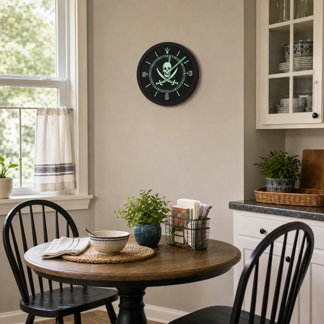 Pirate Skull LED Wall Clock in a Family Dining Nook Pirate skull and swords wall clock mounted above a round dining table in a small family dining nook
