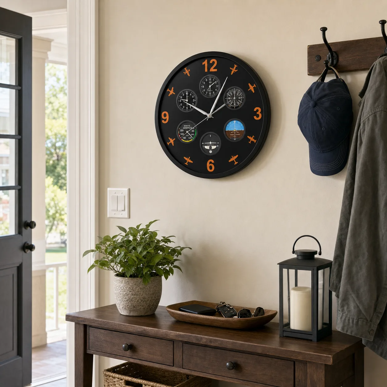 Aviation Pilot Wall Clock in a Bright Entryway Black aviation pilot wall clock mounted above an entryway console table with hooks and natural light.