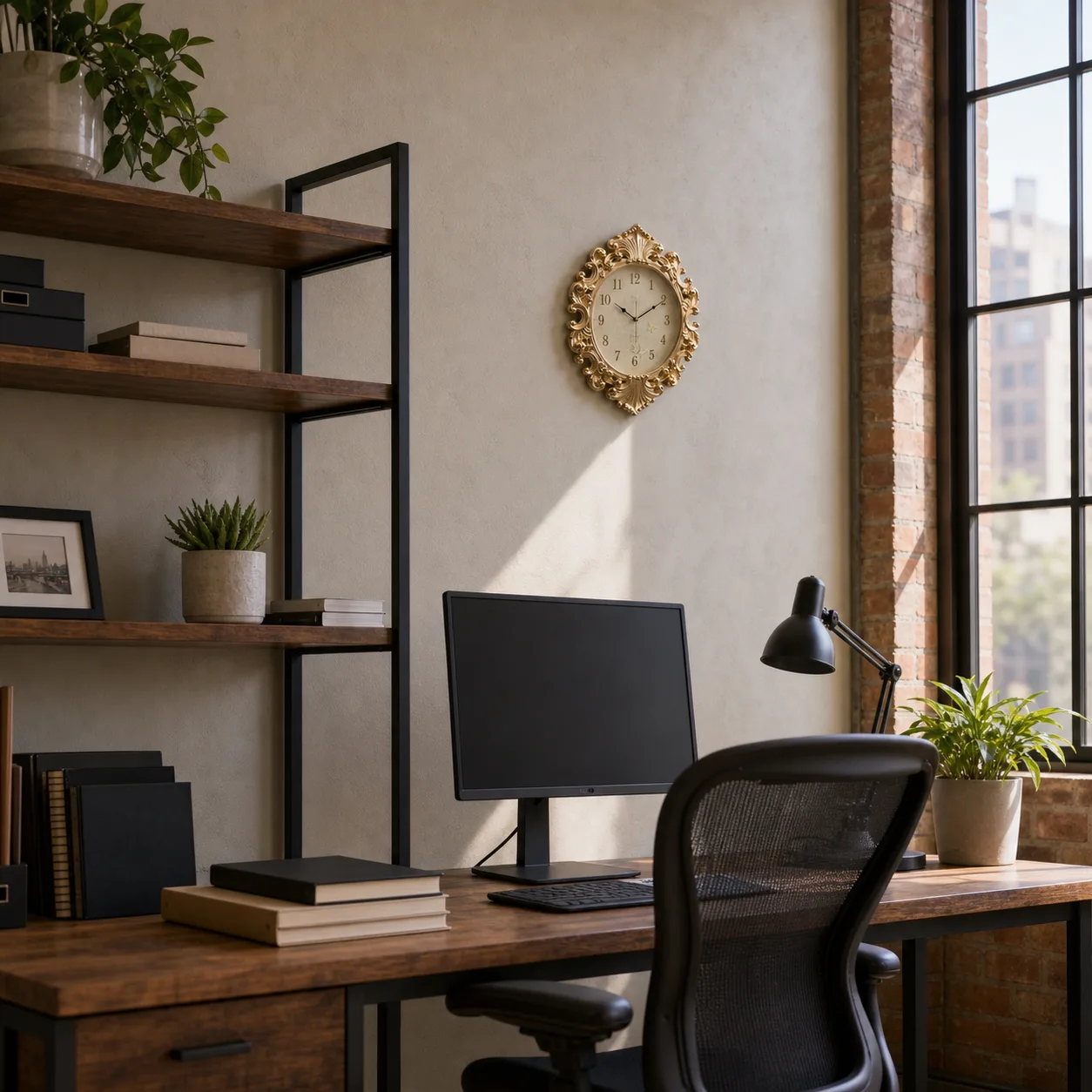 European Gold Wall Clock in Loft Home Office Ornate gold European wall clock mounted on a loft home office wall above a desk