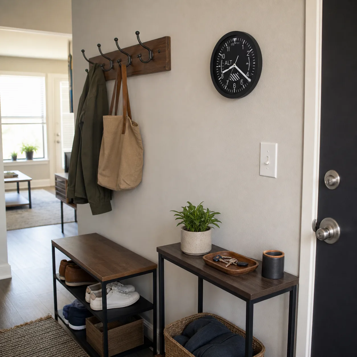 Aviation Altimeter Wall Clock in Compact Entryway Black aviation altimeter wall clock mounted in a compact apartment entryway with coat hooks, shoe bench, console table, and morning light.