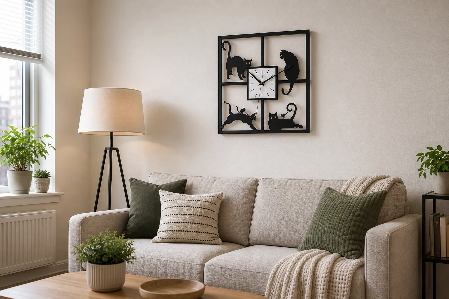 Cat Silhouette Wall Clock in a City Living Room Black cat silhouette wall clock mounted above a sofa in a city apartment living room