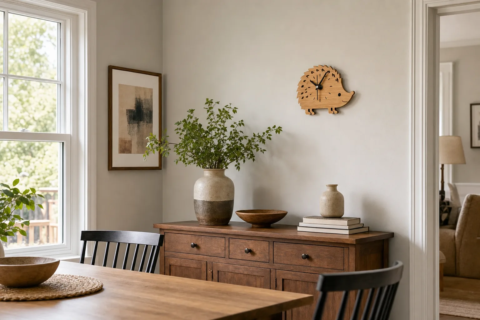 Cute Hedgehog Wood Wall Clock in a Townhouse Dining Room Small hedgehog-shaped wood wall clock mounted above a sideboard in a sunny dining room