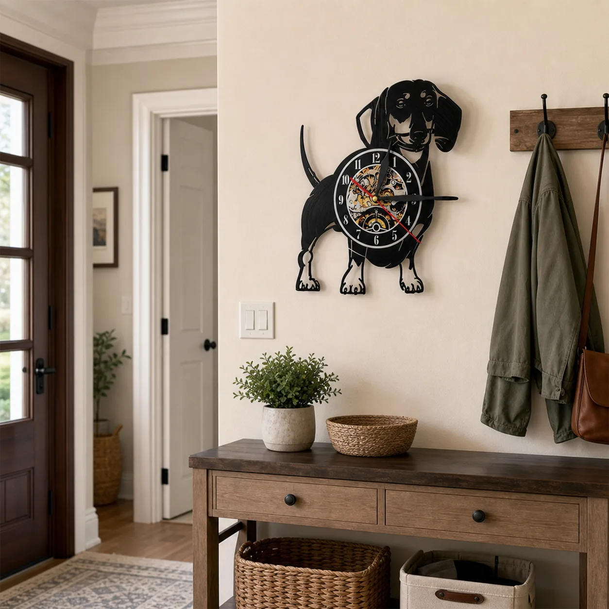 Dachshund Vinyl Record Wall Clock in a Family Entryway Dachshund dog vinyl record wall clock mounted above a console table in a bright suburban entryway.