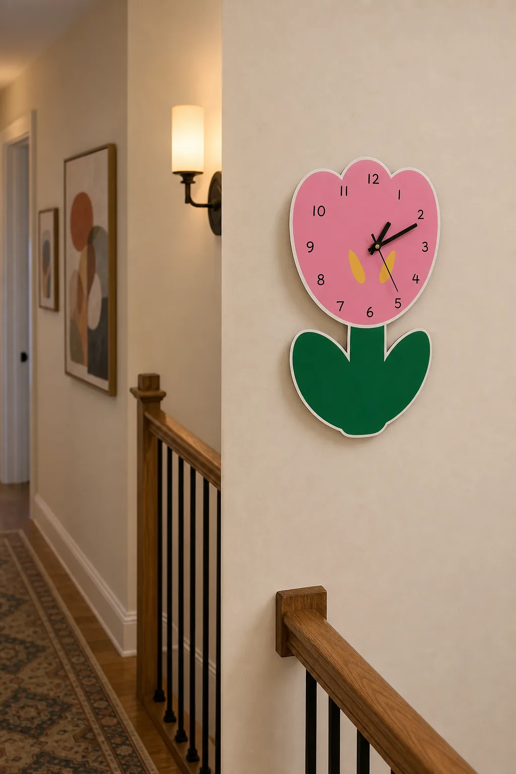 Pink Flower Wall Clock on Warm Stair Landing Pink Flower Wall Clock on Warm Stair Landing