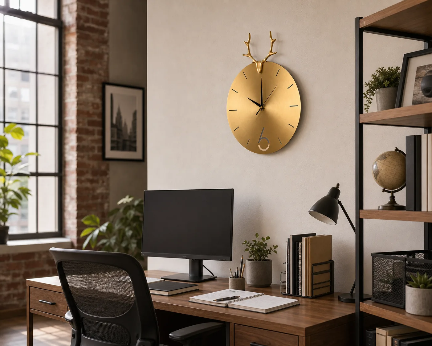 Gold Deer Antler Clock in Loft Office Elegant gold deer antler wall clock mounted above a desk in a loft-style home office