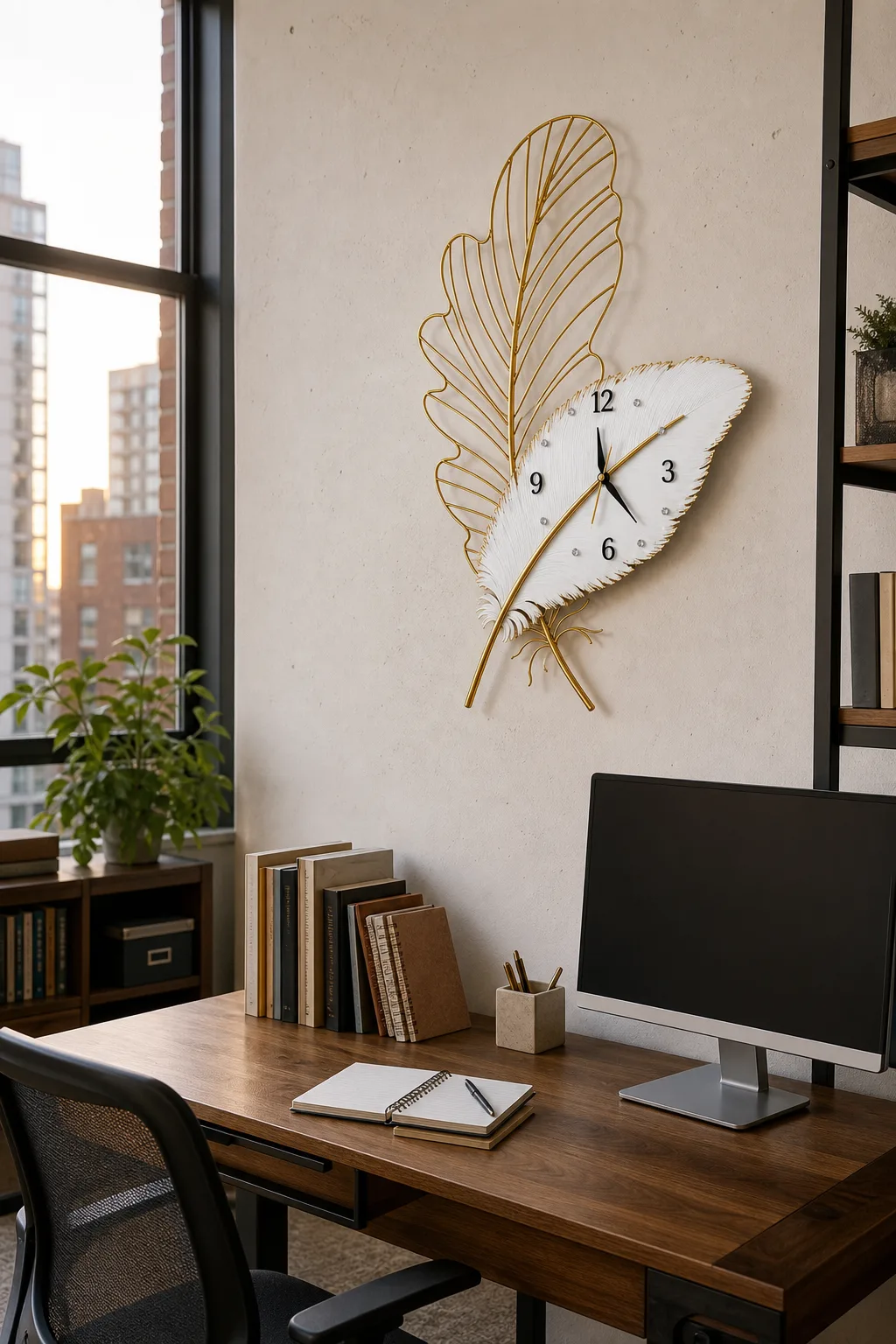 Gold Feather Wall Clock in Loft Home Office Gold Feather Wall Clock in Loft Home Office