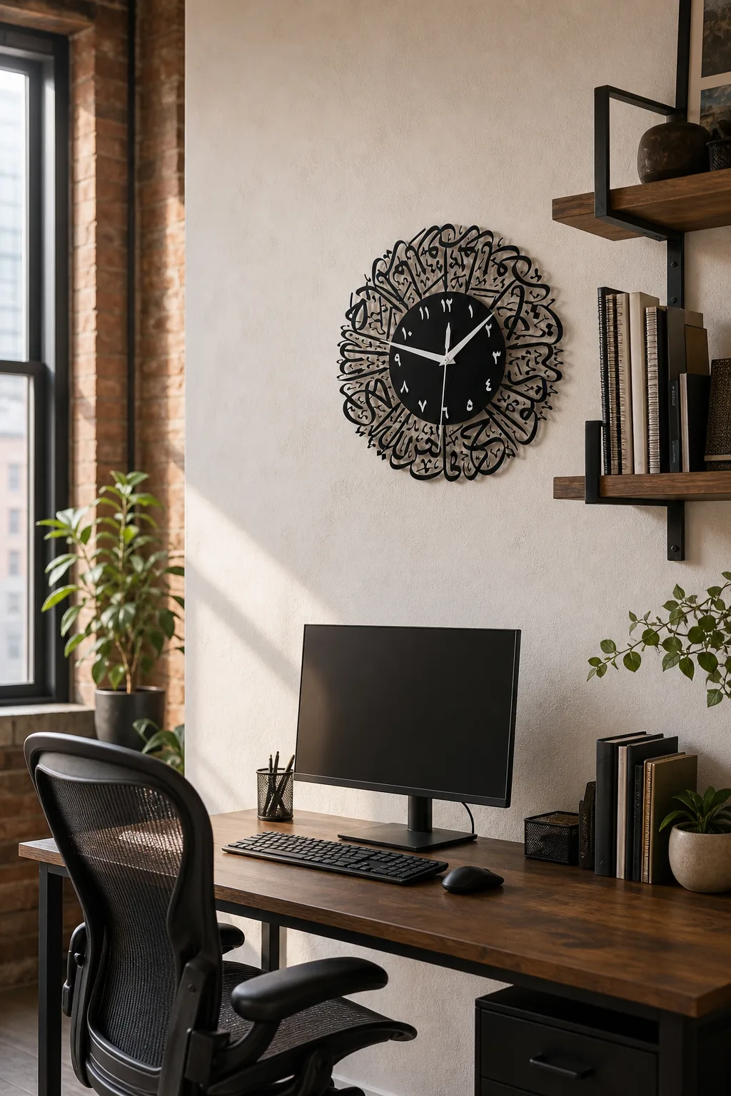 Eid Mubarak Acrylic Wall Clock in Loft Office Black Eid Mubarak acrylic wall clock mounted above a desk in a loft-style home office.
