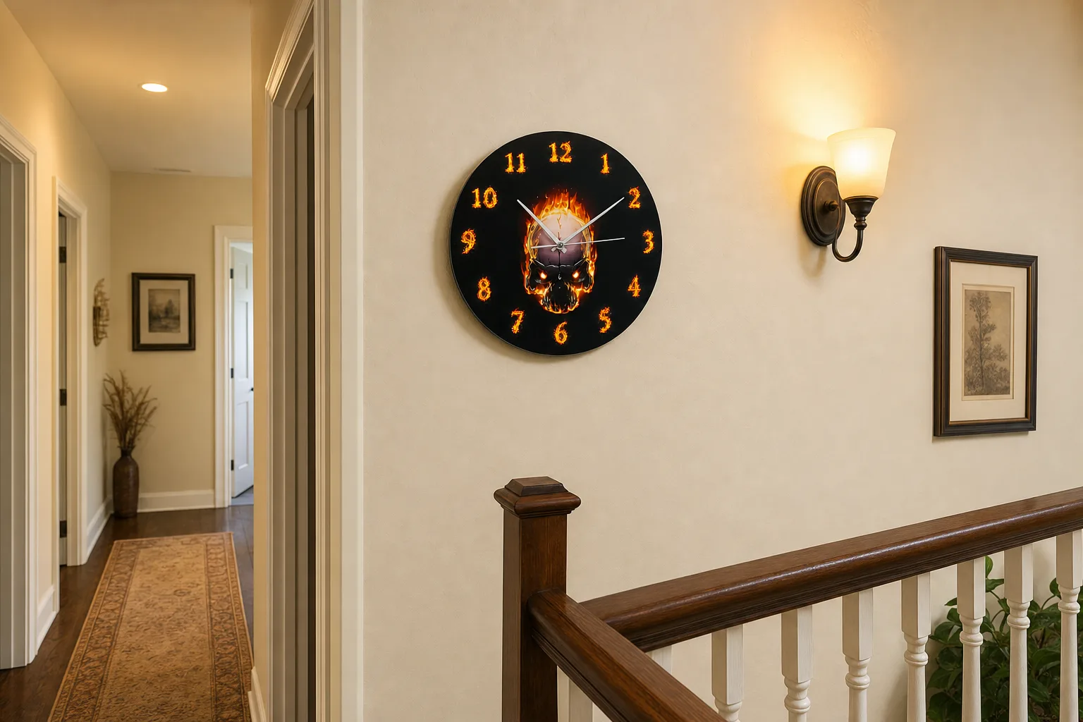 Fire Skull Clock on Stair Landing Fire skull wall clock mounted on a warm stair landing wall with a banister, sconce, framed decor, and hallway runner.