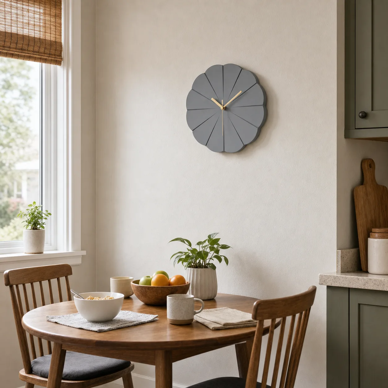Grey Scalloped Wall Clock in a Small Dining Nook Modern minimalist grey scalloped wall clock above a round breakfast table in a small family dining nook