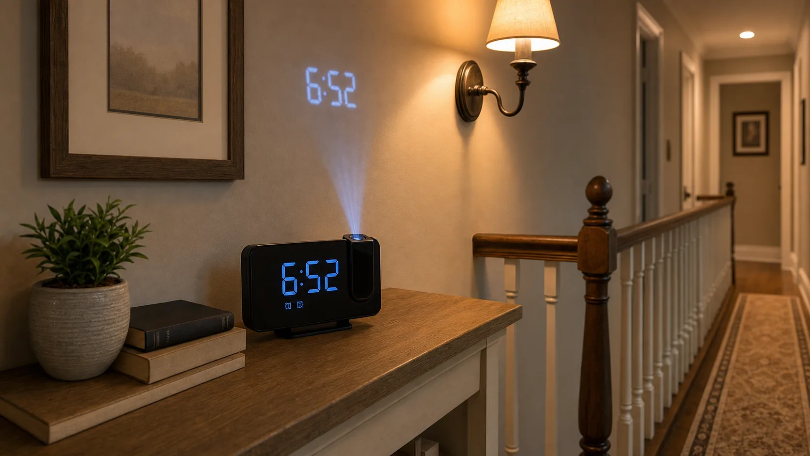 Projection Alarm Clock on a Warm Hallway Console Modern black LED projection alarm clock on a hallway console beside a stair banister and wall sconce.