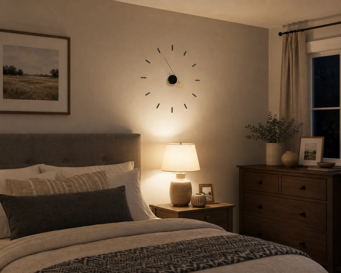 Minimalist Wall Clock in a Warm Bedroom Modern minimalist wall clock above a bed in a cozy bedroom with evening lamp light