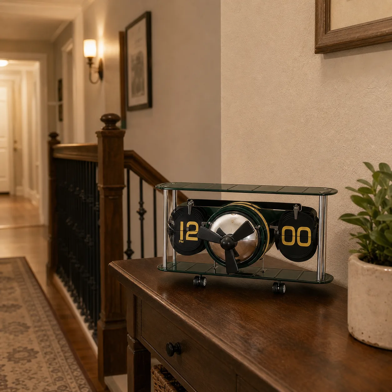 Airplane Flip Clock on a Stair Landing European-style airplane model flip clock on a console table beside a warm family villa stair landing.