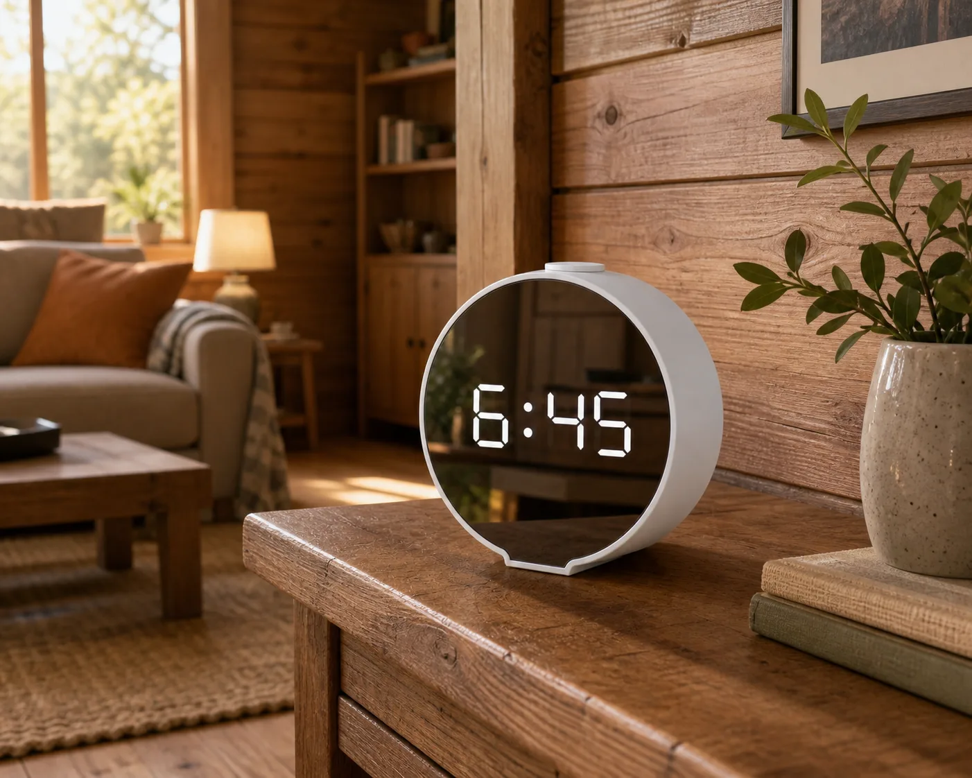 Mirror Digital Alarm Clock in Warm Cabin Living Room Modern white LED mirror digital alarm clock on a wood console in a warm cabin living room with plank walls.