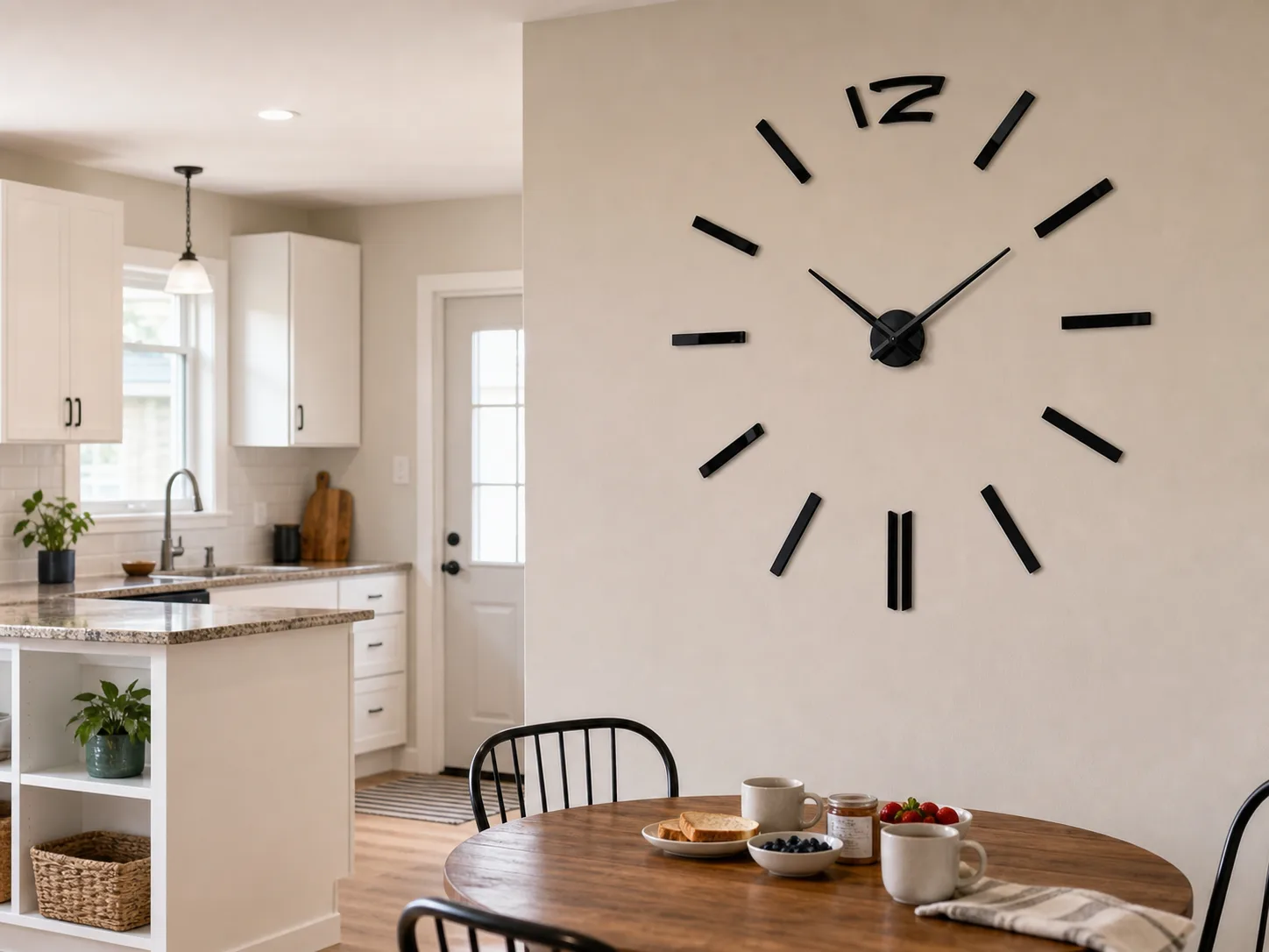 Large DIY 3D Wall Clock in a Kitchen Dining Nook Large black acrylic mirror 3D wall clock mounted on a kitchen dining nook wall above a breakfast table.