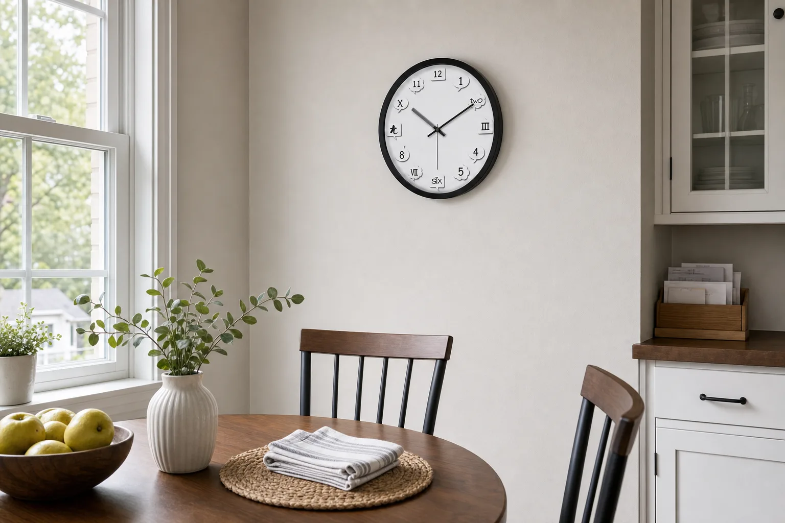 Creative Silent Wall Clock in a Family Dining Nook HICAT creative silent wall clock mounted on a dining nook wall above a round table and chairs