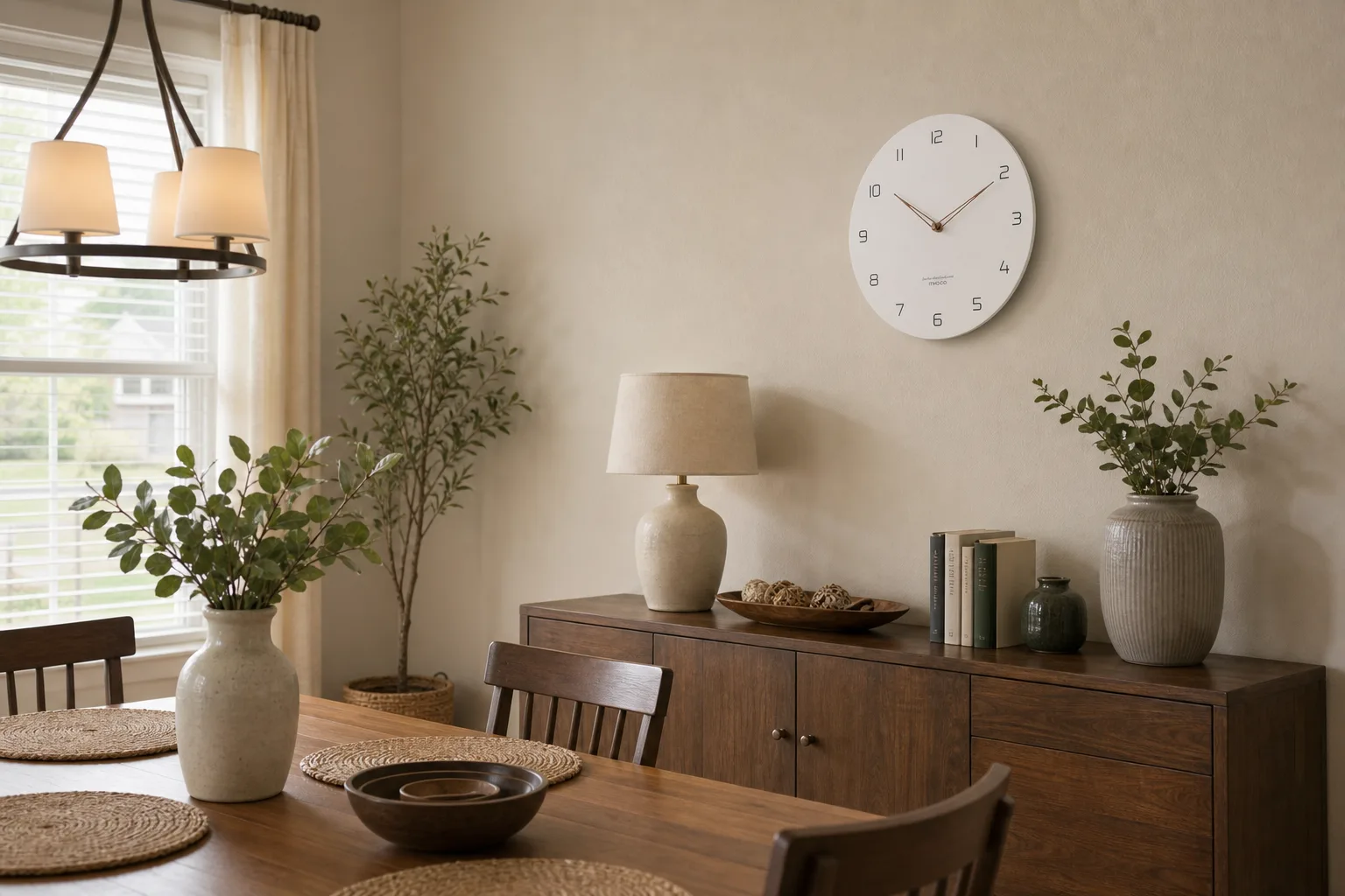 Minimalist White Wall Clock in Suburban Dining Room Minimalist White Wall Clock in Suburban Dining Room