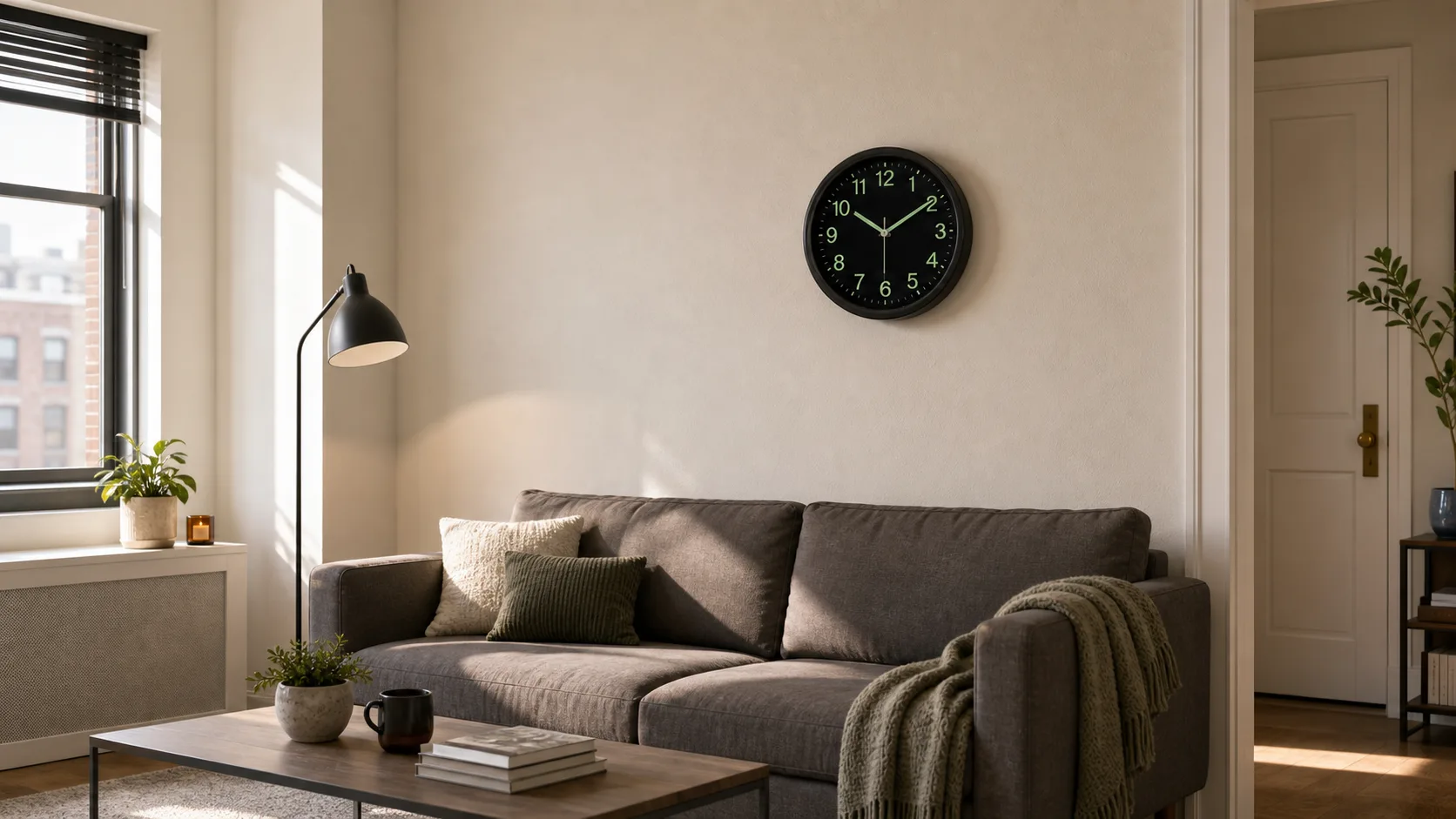 12-Inch Luminous Wall Clock in Apartment Living Room Black 12-inch luminous wall clock on a city apartment living room wall above a sofa.