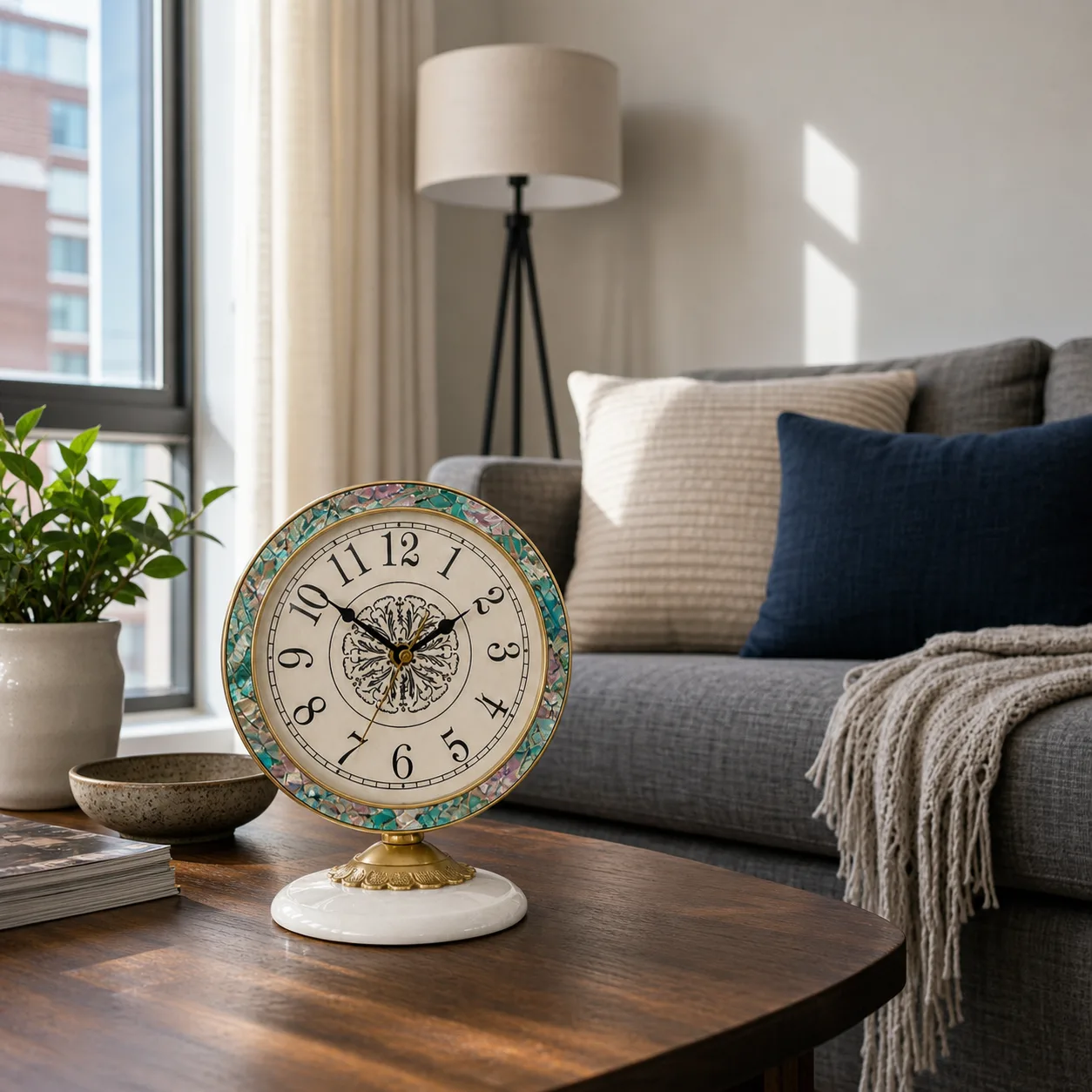 Abalone Desk Clock in City Apartment Living Room Round abalone inlay tabletop clock with brass trim and marble base on a coffee table in a city apartment living room.