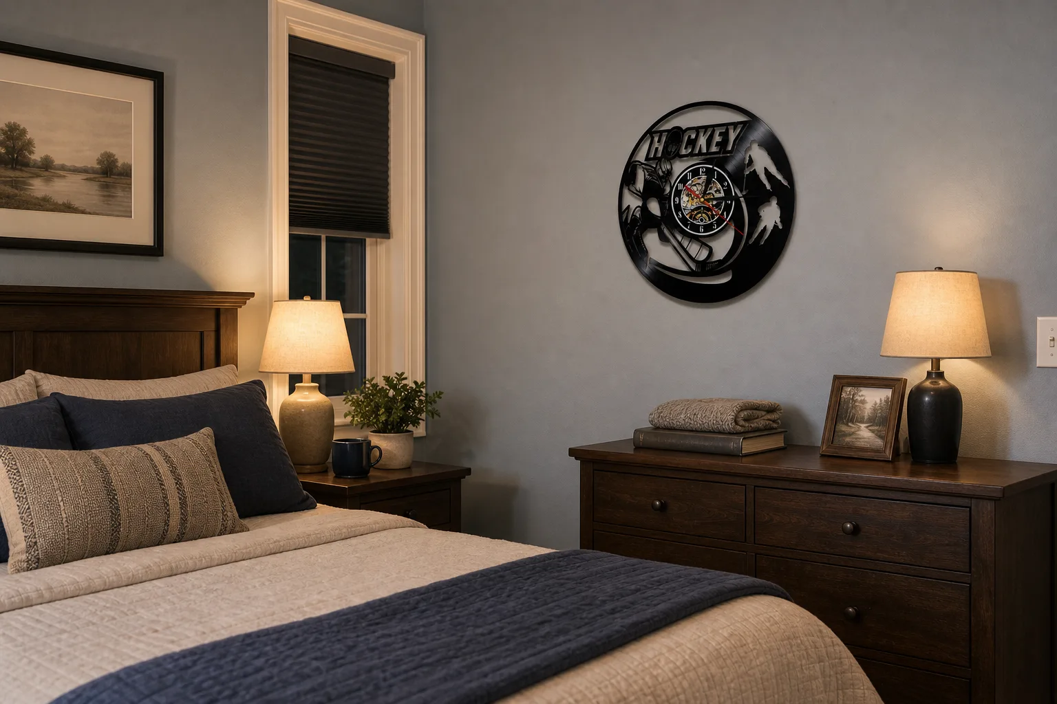 Hockey Vinyl Record Wall Clock in Bedroom Hockey player vinyl record wall clock above a bedroom dresser with soft bedding, nightstands, and evening lamps.