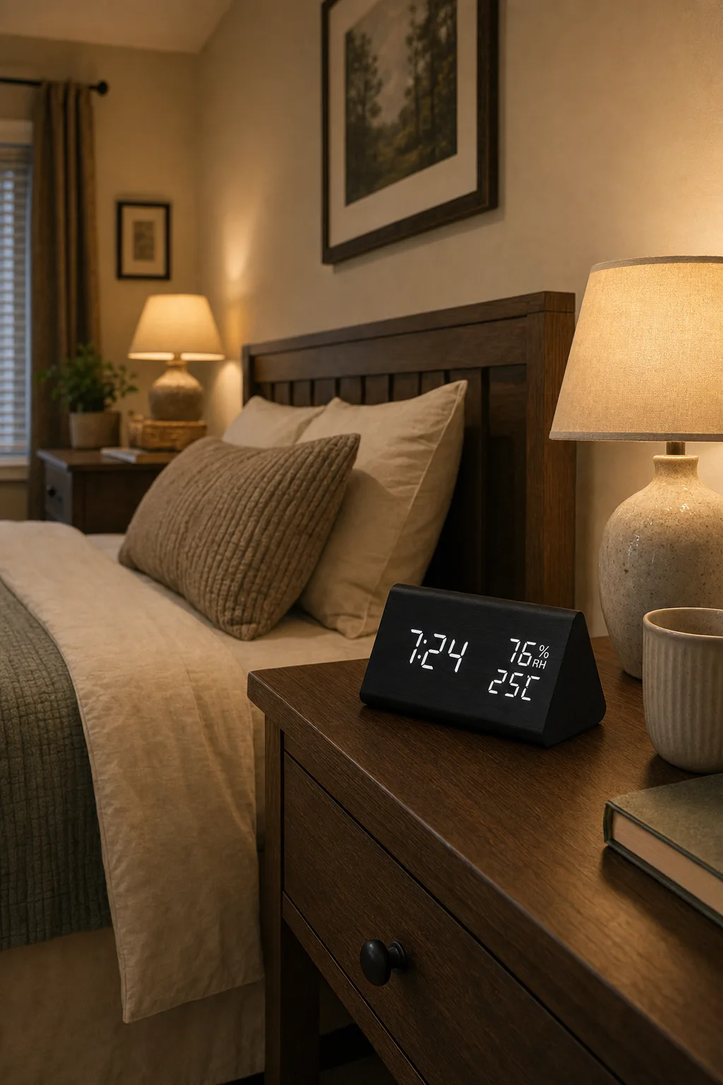 Modern Wood Digital Alarm Clock on a Bedroom Nightstand Black wood digital alarm clock with temperature and humidity display on a bedroom nightstand beside soft bedding