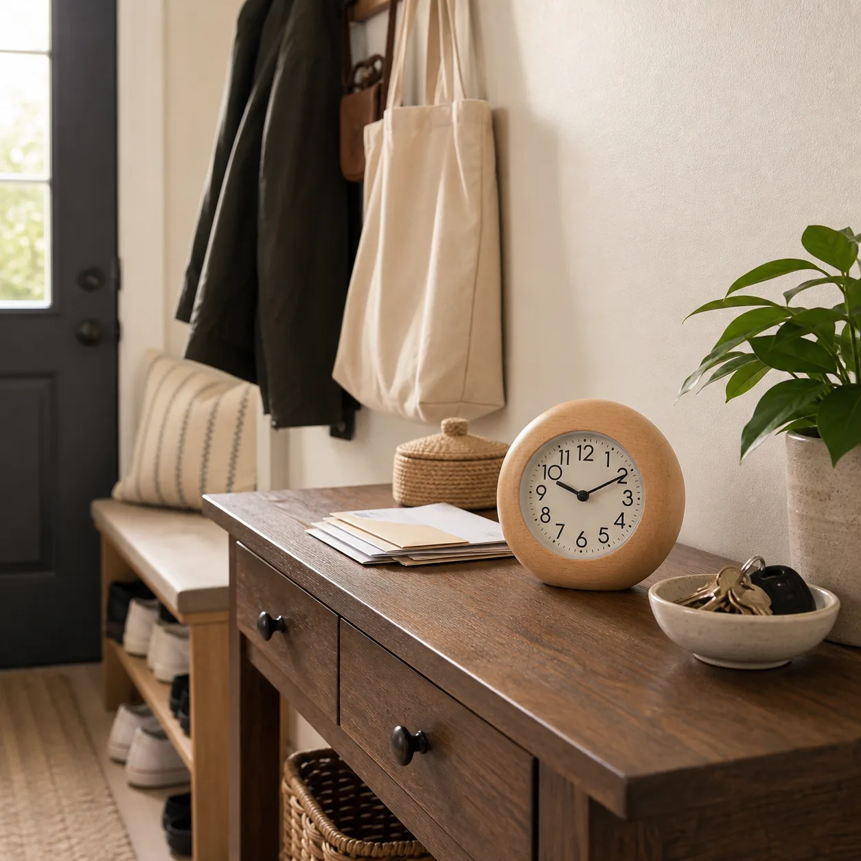 Wooden Alarm Clock on Entryway Console Modern wooden alarm clock on a narrow entryway console with coat hooks, a shoe bench, and morning light