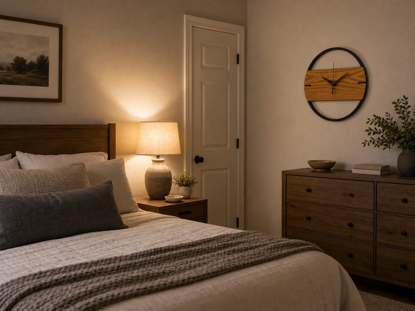 Modern Wood Wall Clock on a Bedroom Wall Round wood and black metal wall clock mounted on a neutral bedroom wall near a bed, nightstand, lamp, and dresser.