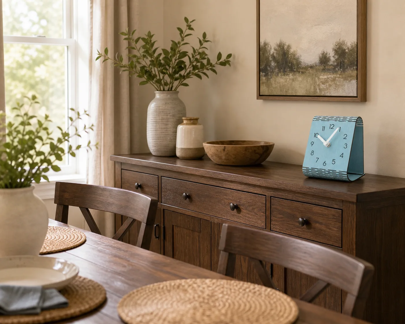 Wooden Desk Clock on Dining Room Sideboard Blue wooden tabletop clock displayed on a dining room sideboard beside warm wood furniture.