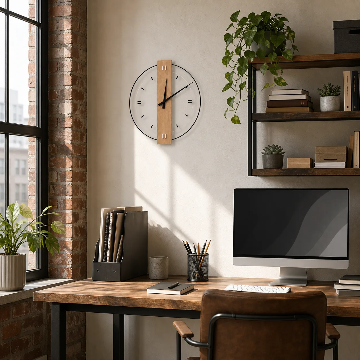 Modern Silent Wall Clock for a Loft Home Office Modern wood and acrylic wall clock on a loft-style home office wall above a desk.