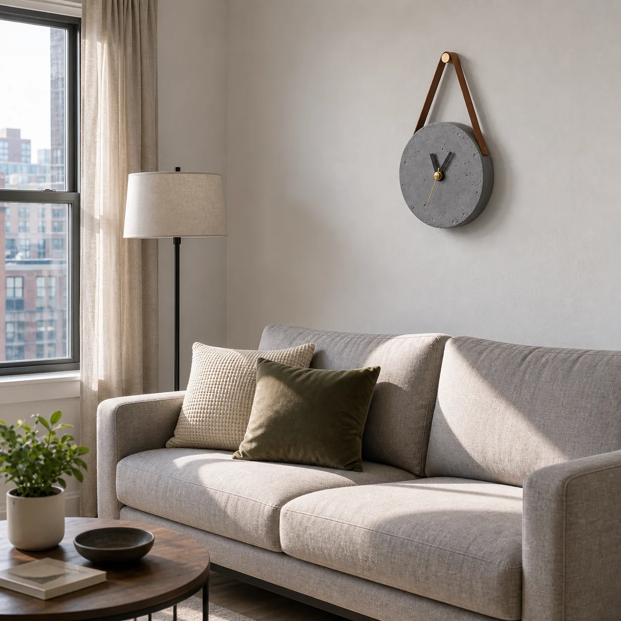 Leather Strap Concrete Clock in an Apartment Living Room Concrete wall clock with leather strap hanging above a sofa in a city apartment living room.