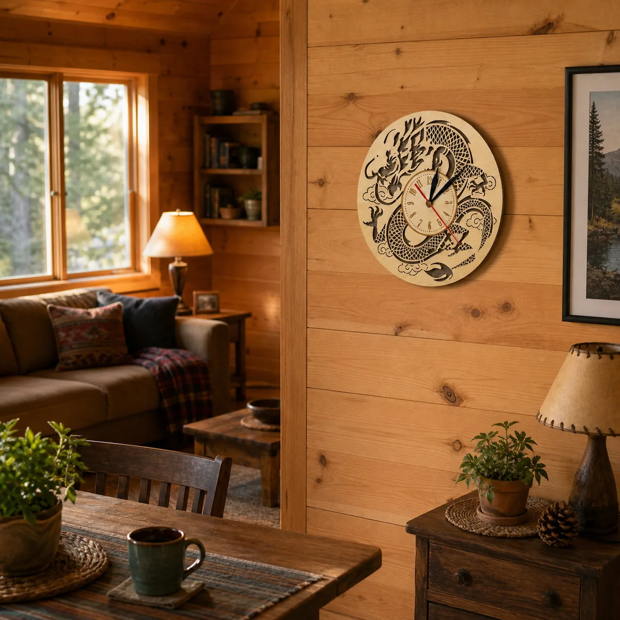 Dragon Wall Clock in a Wood Cabin Room Laser cut wooden dragon wall clock on a plank wall in a cozy cabin living and dining space.
