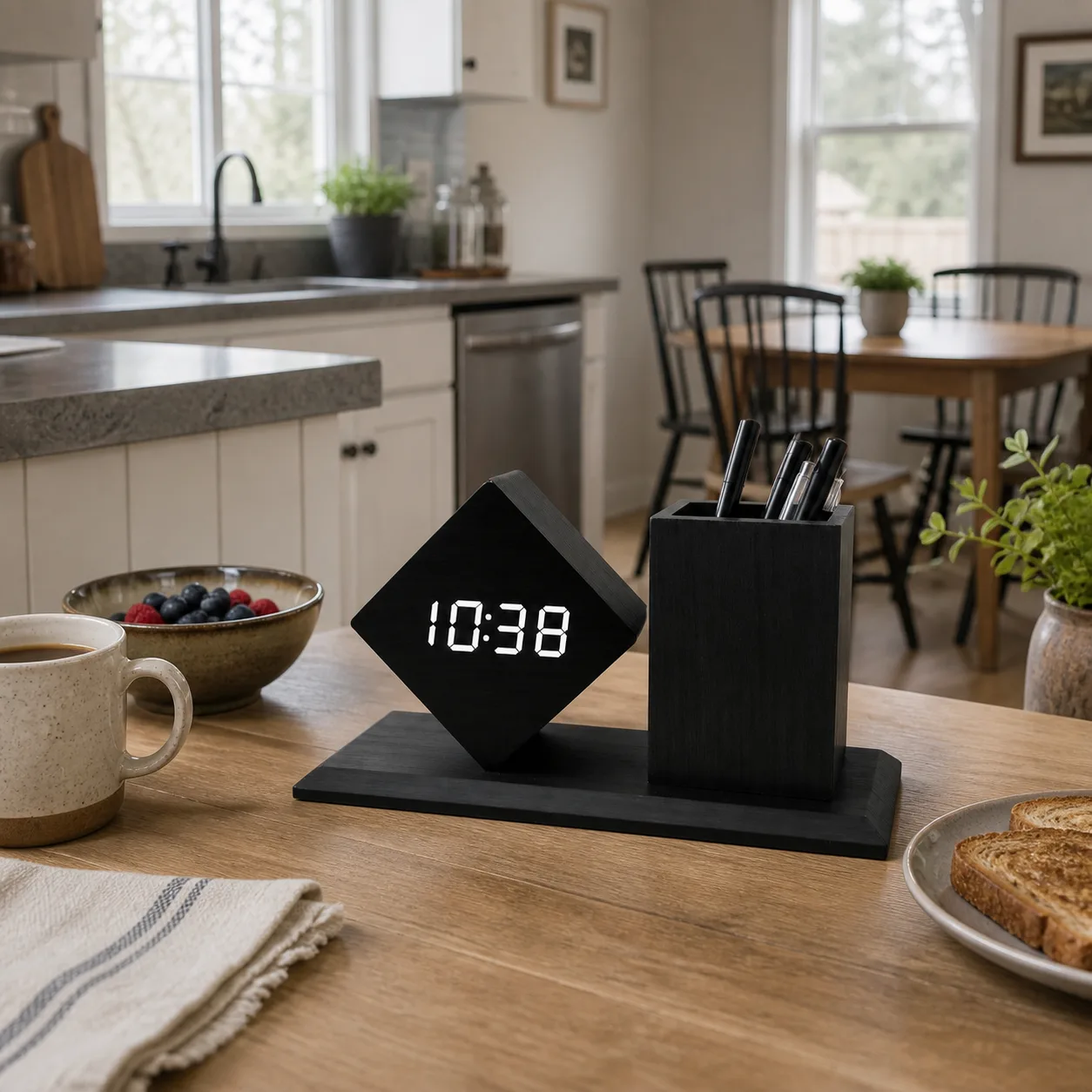 Black Digital Clock Desk Organizer in Ranch Kitchen Black wooden digital clock and pen cup on a breakfast table in an open ranch kitchen.
