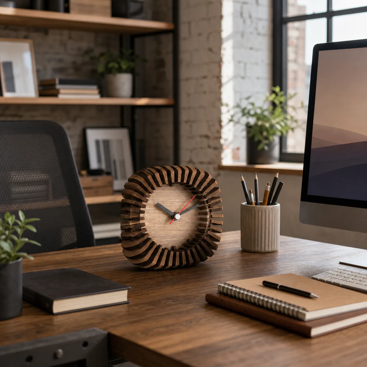 Layered Wood Table Clock for Home Office Modern layered wood table clock on a home office desk with shelves and a monitor