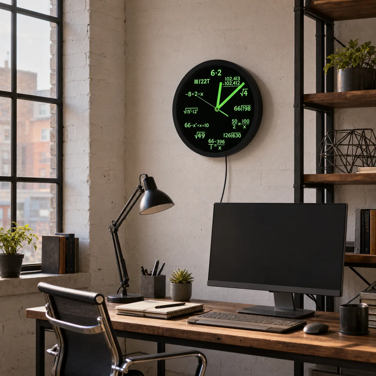 Math Equation Wall Clock in a Loft Home Office Black LED math equation wall clock on a loft-style home office wall above a desk and monitor.
