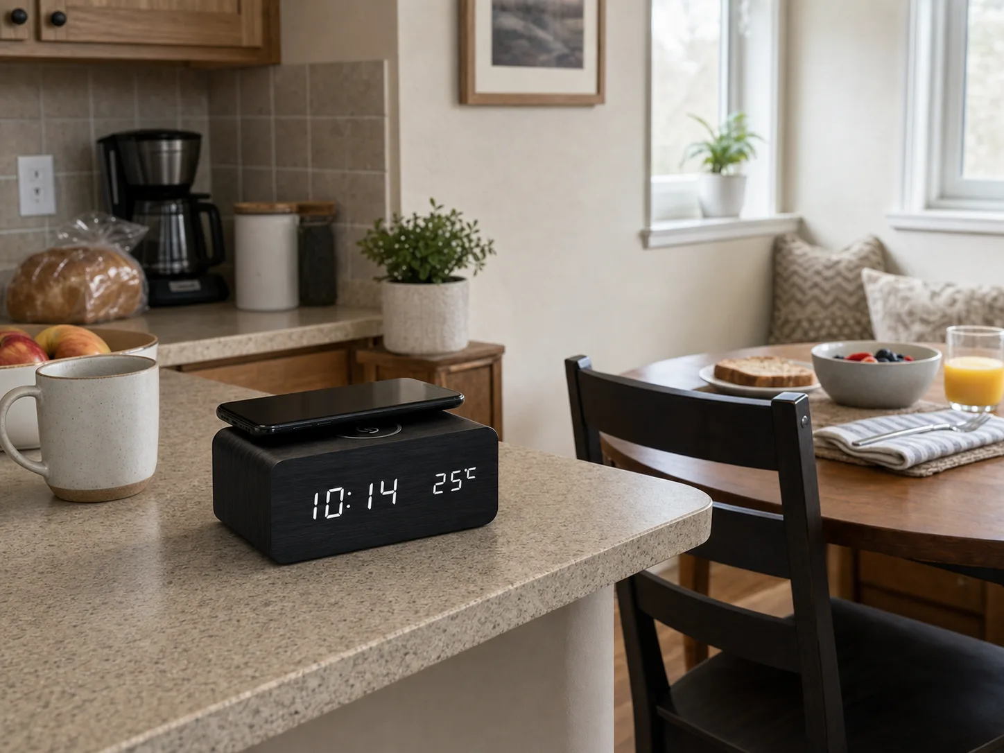 LED Alarm Clock in Kitchen Breakfast Nook Dark wood grain LED alarm clock with phone charging pad on a kitchen counter near a breakfast nook.