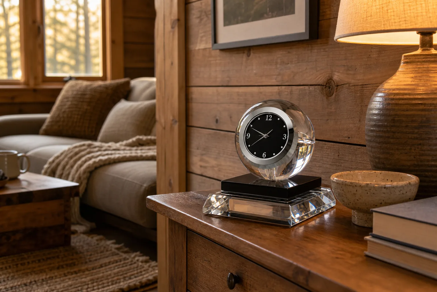 Crystal Desk Clock in Warm Cabin Room Clear crystal ball desk clock on a wood table in a cozy cabin living room