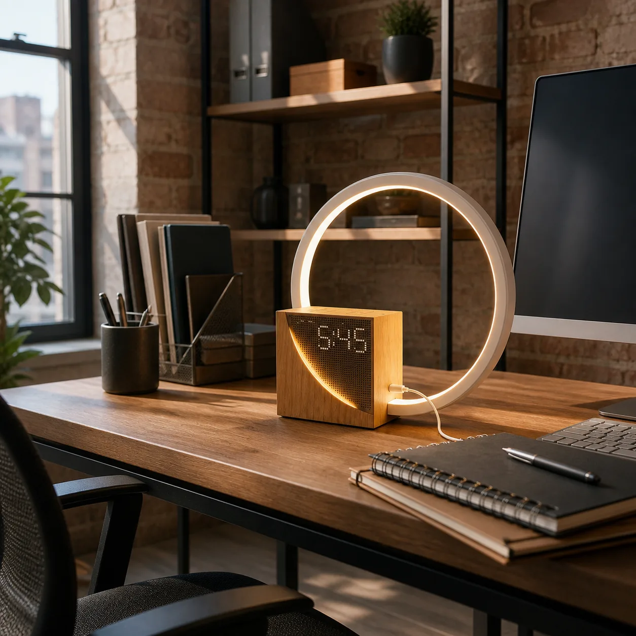 Loft Office Desk Clock Lamp Wood digital alarm clock lamp with circular ring light on a loft home office desk