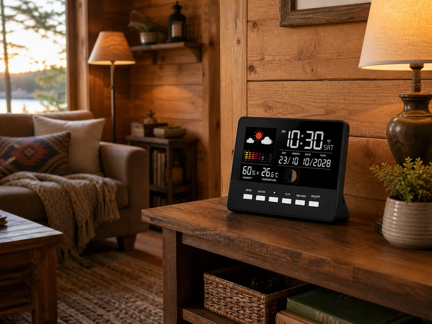 Perpetual Calendar Clock in a Warm Cabin Room Black digital perpetual calendar clock on a wood side table against a cabin plank wall