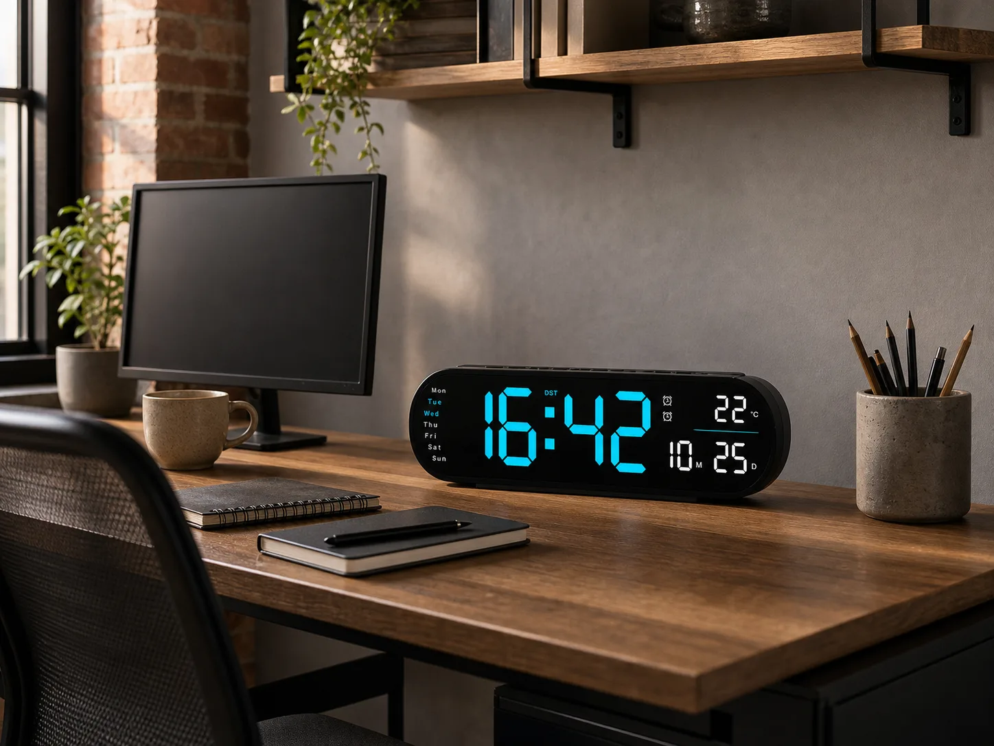 Digital Alarm Clock for Home Office Desk Black large screen digital alarm clock on a loft apartment home office desk.