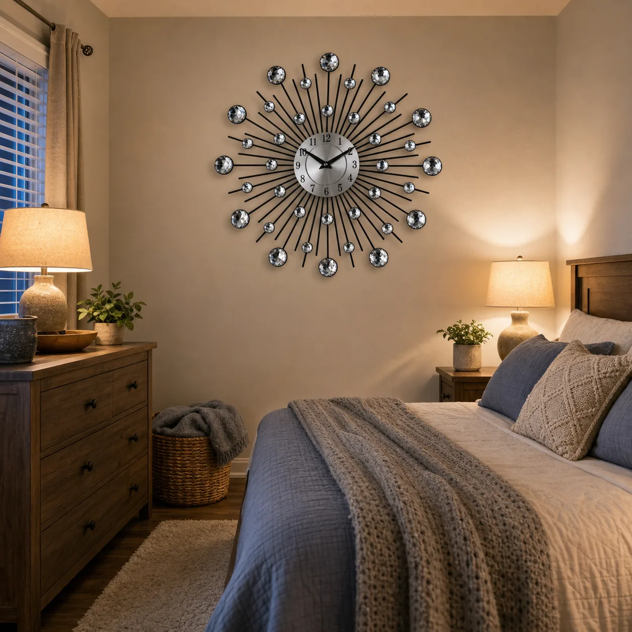 Crystal Sunburst Wall Clock in Cozy Bedroom Crystal sunburst wall clock on a modest bedroom wall above soft bedding and wood furniture