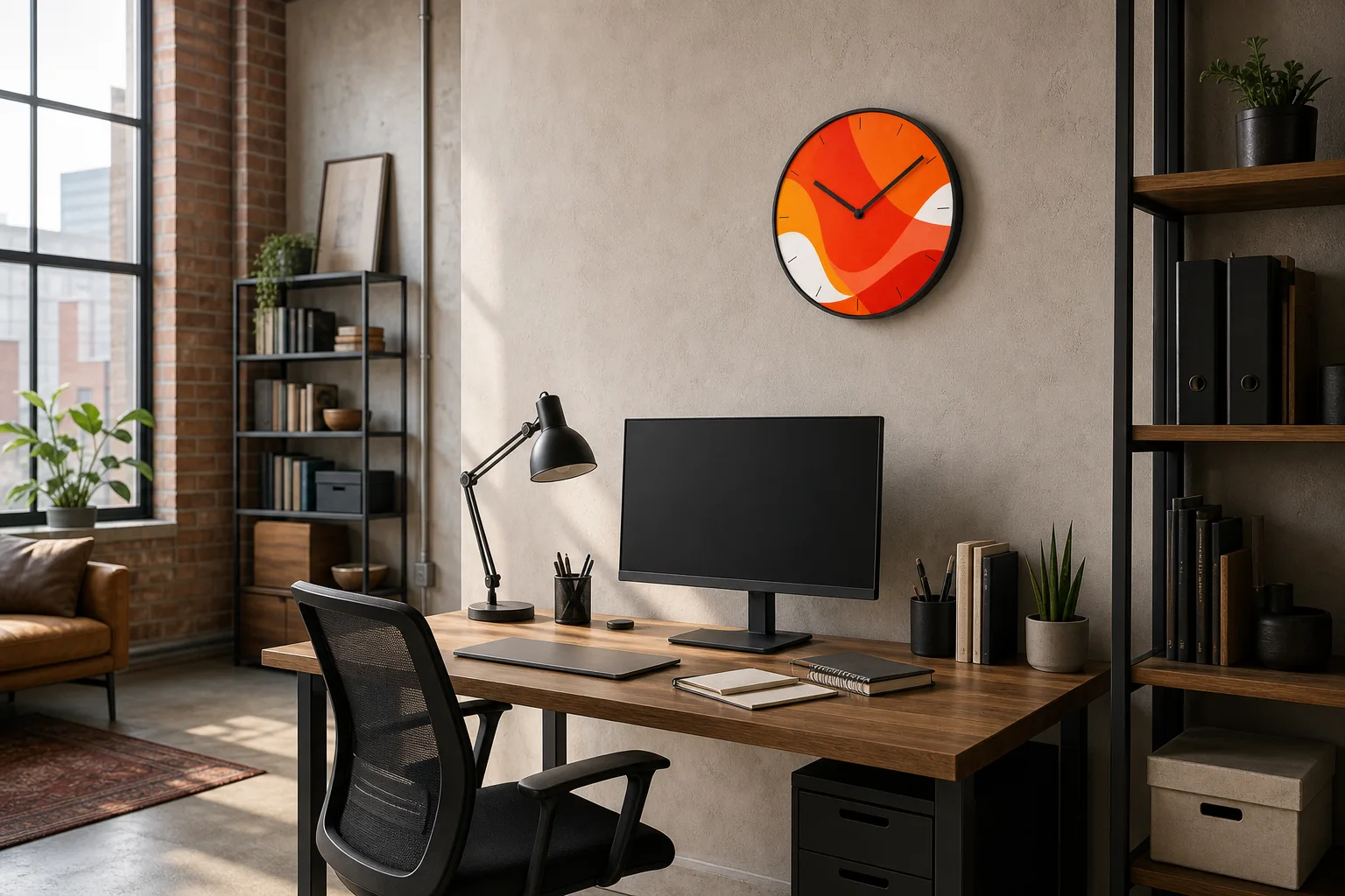Modern Abstract Silent Wall Clock in Vibrant Orange image Modern Abstract Silent Wall Clock in Vibrant Orange
